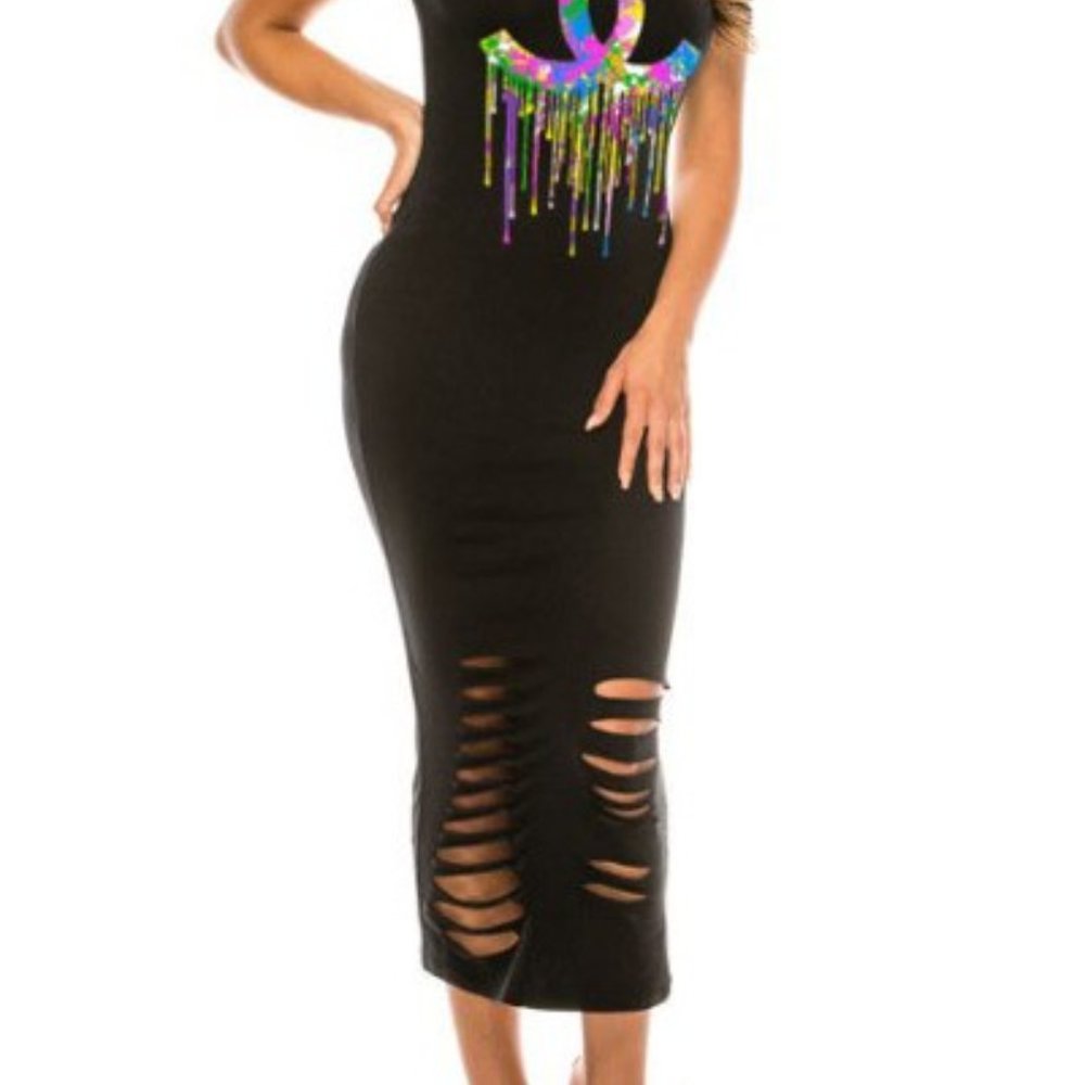 Cute Distressed Midi Black Dress - Picture 2 of 3